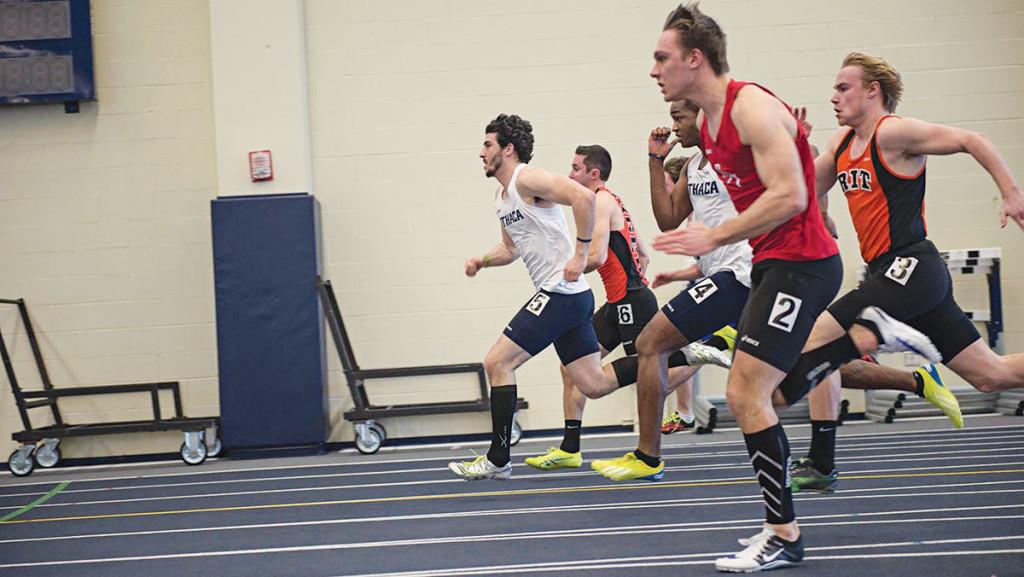 Senior Aaron Matthias gallops during the New York State Collegiate Track Conference Championships during the 2015–2016 indoor season.