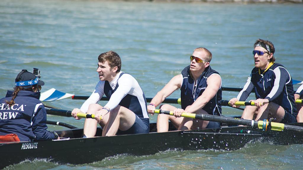 The mens crew team rows against Colgate University, Marist College and Hamilton College on April 25, 2015, at the Cayuga Inlet. The varsity boat returns three out of its eight members.