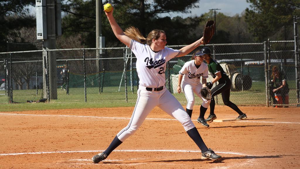 Senior Allison Macari pitches in the Division III Leadoff Classic on March 11–13. The softball team left the tournament with a 3–3 record.