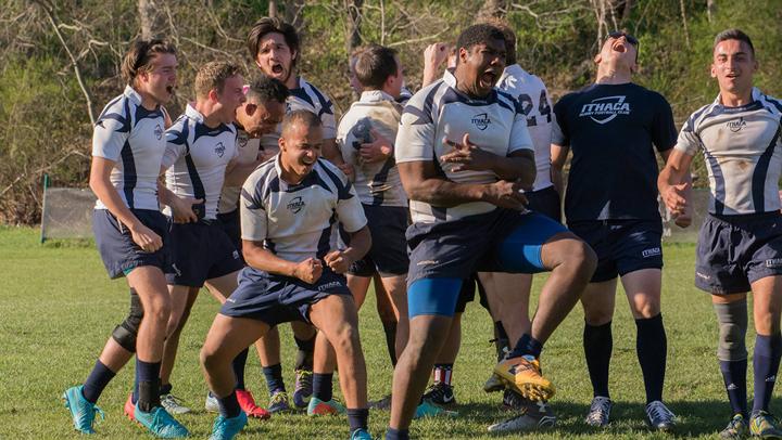 The Ithaca College mens club rugby sevens team celebrates after winning the National Small College Rugby Organization National Qualifier on April 16.