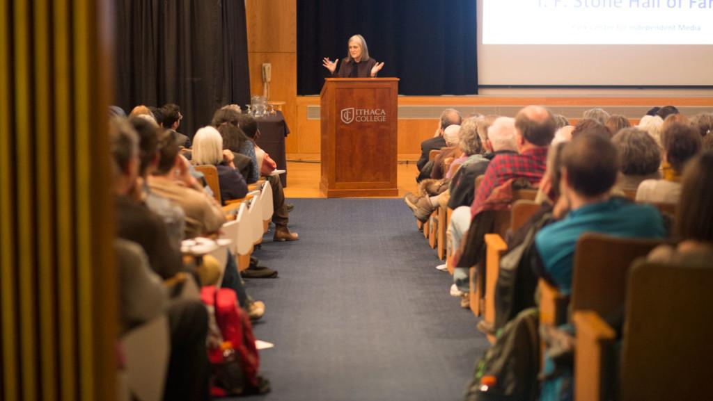 Amy Goodman, the third ever inductee into the I. F. Stone Hall of Fame, speaks at the eigth annual Izzy Awards. The news organization InsideClimate News and journalists Jamie Kalven and Brandon Smith received awards for their independent investigative work. 