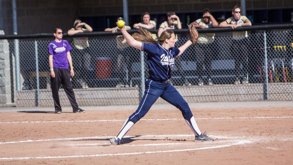 Senior pitcher Laura Quicker pitched the first game of a doubleheader against Houghton College on April 15.