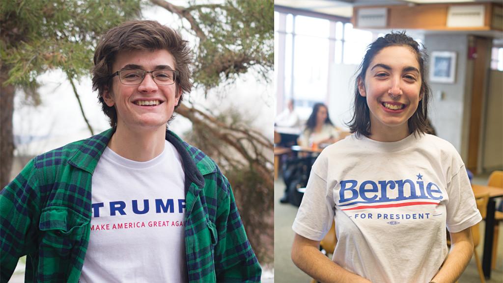 From left, freshmen John Bourdelais and Emma Lewis show their support for their respective presidential picks, Republican candidate Donald Trump and Democratic candidate Bernie Sanders.