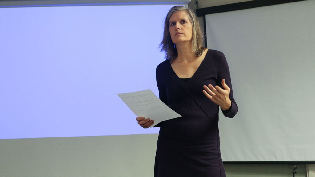 Sandra Steingraber gives a presentation on expanded gas storage in old salt caverns on Seneca Lake Feb. 24 at Cornell University. She was the keynote speaker April 13 at an Ithaca College panel, sharing her experience dealing with climate change in Ithaca and at the United Nations in December 2015.