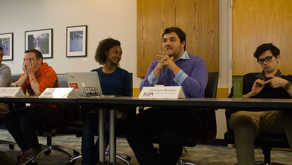 The SGA Executive Board struggled to reach its goal of passing 18 bills. Instead, only four will be passed by the end of this semester. Pictured from left to right is Kyle James, vice president of academic affairs,  Marieme Foote, senate chair, Dominick Recckio, Student Government Association president, and Luis Torres, vice president of academic affairs.  