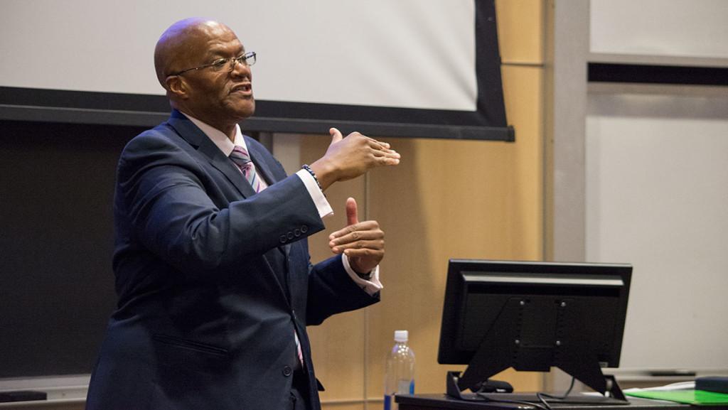 Kevin Williams, the third candidate for the open position of vice president for enrollment management, presents on his visions for enrollment management at Ithaca College during an open forum held April 25.