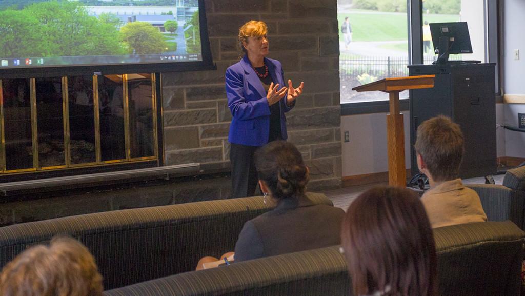 Sandra Starke, the second candidate for the open position of vice president for enrollment management at Ithaca College discussed increasing retention rates, diversity and overall student success during her visit to campus April 22.