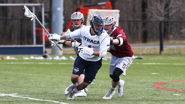 Sophomore midfielder David Drozjock runs down the field during the teams game April 2 against Stevens Institute of Technology in Higgins Stadium. 