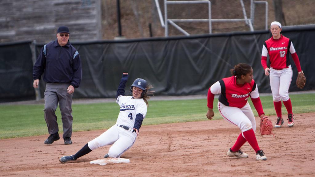 Senior Casey Gavin gets a good lead off first base and steals second base safely during a doubleheader against SUNY Oneonta.