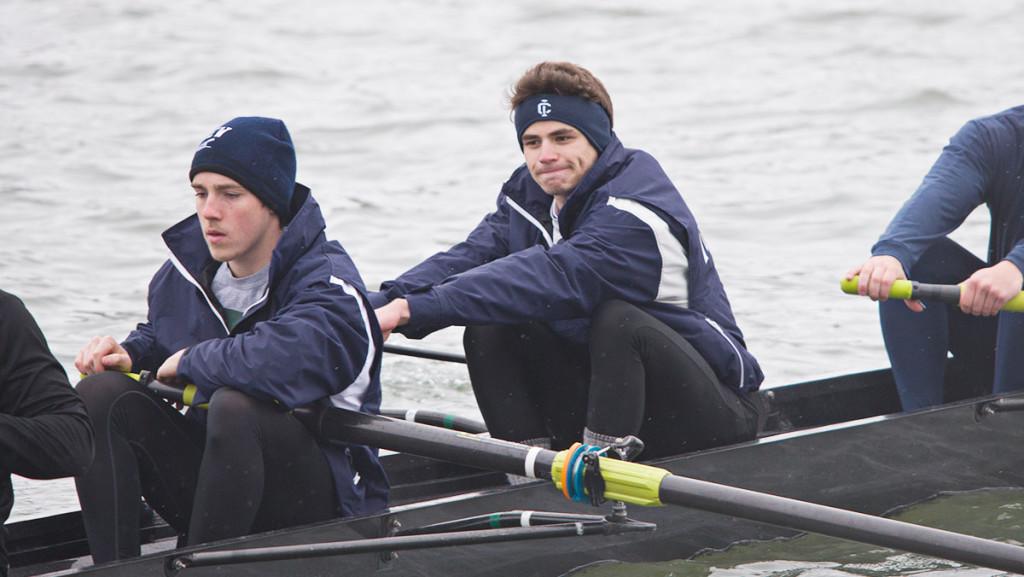 Junior Robert Johnston Tucker rows during the teams practice April 4 on the Cayuga Inlet. He spent the past two season as a coxswain for the Bombers. 