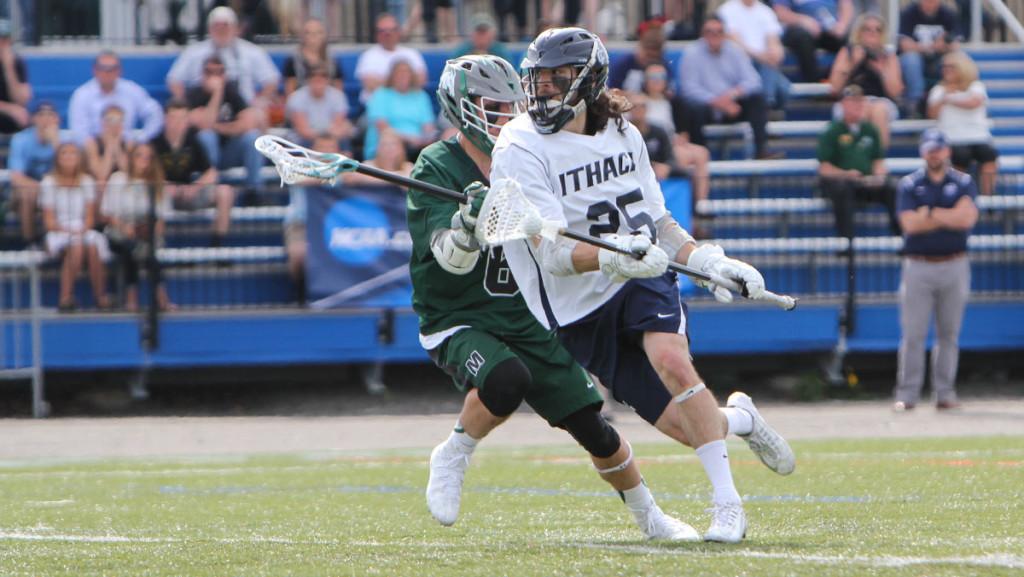 Senior defensemen Eli Gobrecht scored his ninth goal of the season in the Bombers 24–7 victory over Morrisville State College May 11.