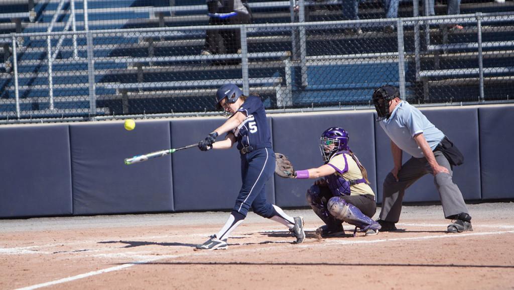 Freshman+infielder+Hannah+Anderson+plays+in+the+softball+teams+game+April+15+against+Houghton+College+on+Kostrinsky+Field.