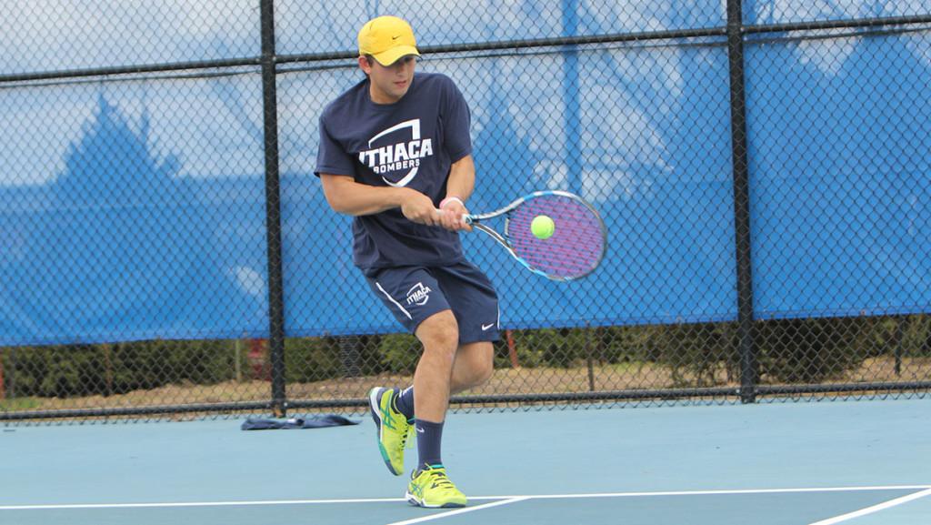 Senior Chris Hayes plays in the mens tennis teams match April 30 against Elmira College at the Wheeler Tennis Courts.