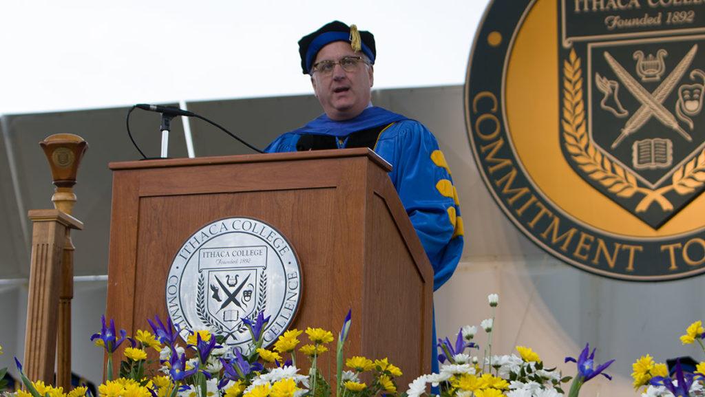 Tom Grape, Ithaca College Board of Trustees chairman, addressed the incoming Class of 2020 at the 2016 Convocation.  News Editor Aidan Quigley spoke with Grape about these issues and, primarily, the college’s approach to the search for a new president.