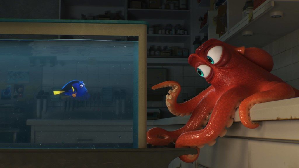 Hank (Ed O’Neill) gives suggestions to Dory (Ellen DeGeneres) on how the duo can escape from the Australian aquarium where they were spontaneously placed.