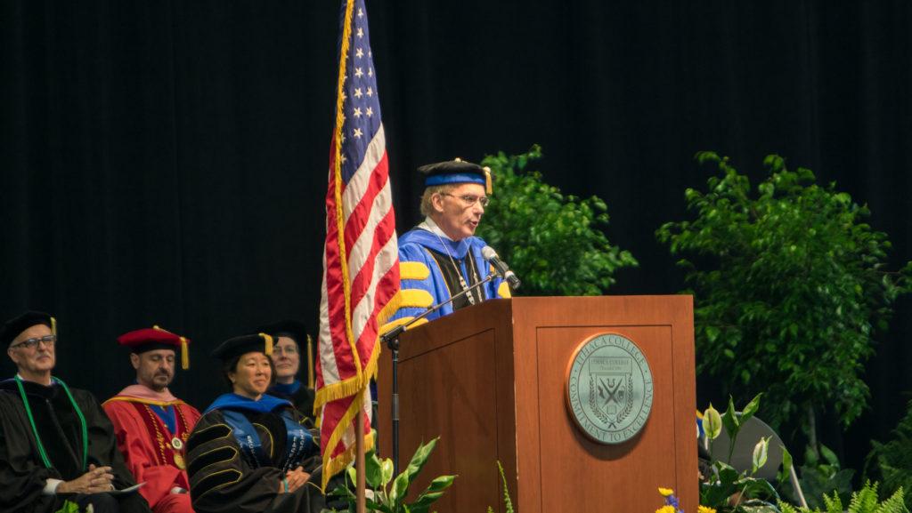 Ithaca College President Tom Rochon addresses the Class of 2020, referencing the college’s commitment to education, engagement, dialogue and learning, at the annual Convocation ceremony held Aug. 22 in the Athletics and Events Center.