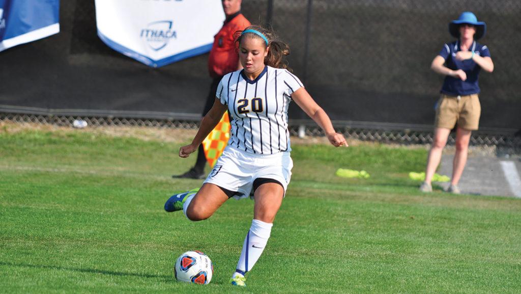 Junior Kendall Cirella kicks the ball on the Bombers home opener win on Sept. 1, 2015 against Keuka College.