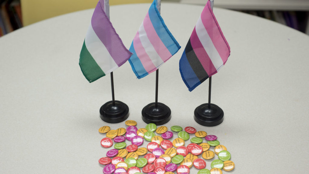 The three flags represent the genderqueer, transgender and genderfluid communities, and the buttons refer to pronouns used by members of the college’s gender-diverse community.