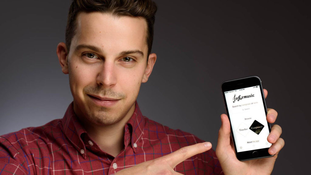 Drew Schweppe ’12, above, worked with Mark Radice, professor in the Department of Music Theory, History and Composition, to create Informusic, an app that combines music and world history.
