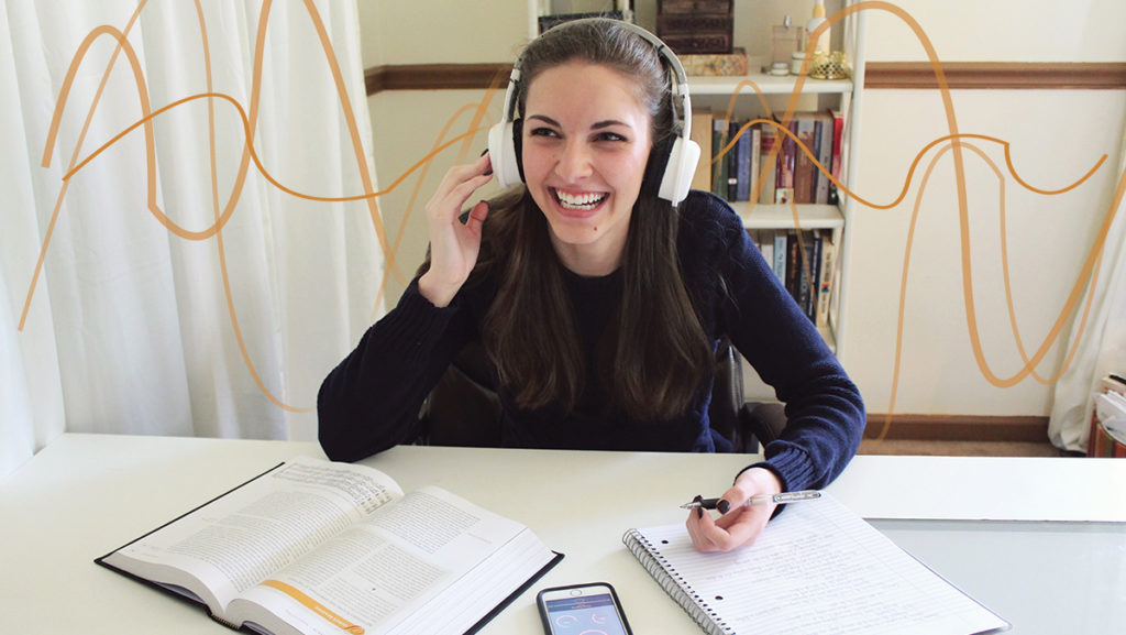 Alexandra Voutsinas, Jessica’s sister, poses with a 3-D–printed prototype of Trills — Bluetooth headphones with sensors that interpret a person’s brain waves and emotional state to  create recommended playlists. This is one of the product’s promotional photos that can be found on its main website. Voutsinas said she hopes the product will be released within a year.
