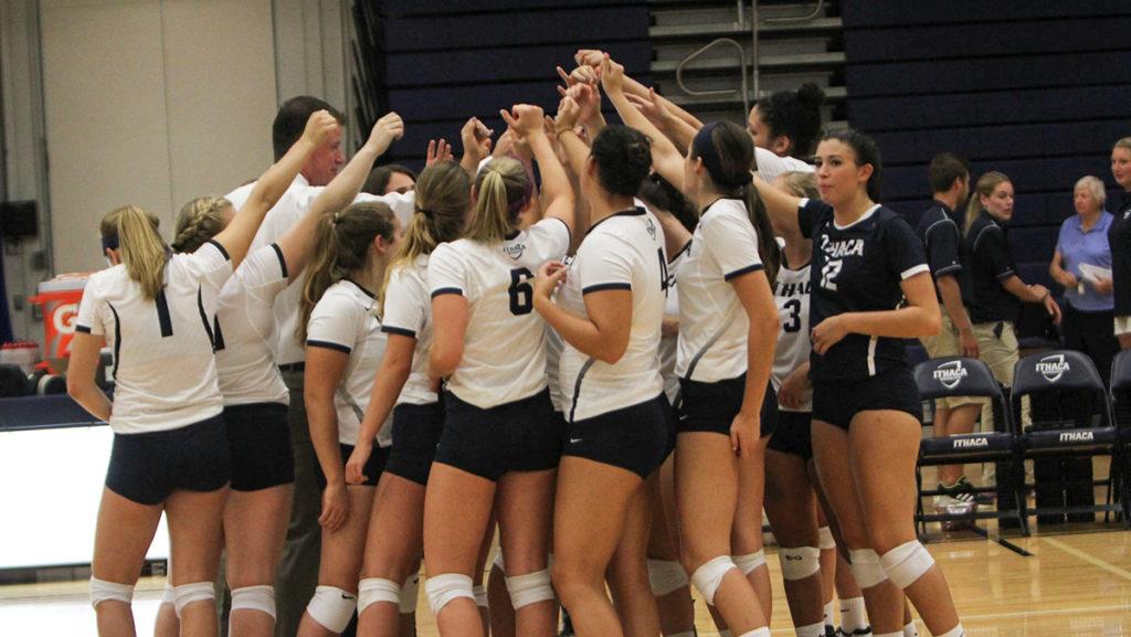 The volleyball team huddles before its game Sept. 6 in Ben Light Gymnasium. The Bombers will play in the Buttermaker Tournament Sept. 9–10 against the University of Scranton, Desales University, Muhlenberg College and Cabrini University.