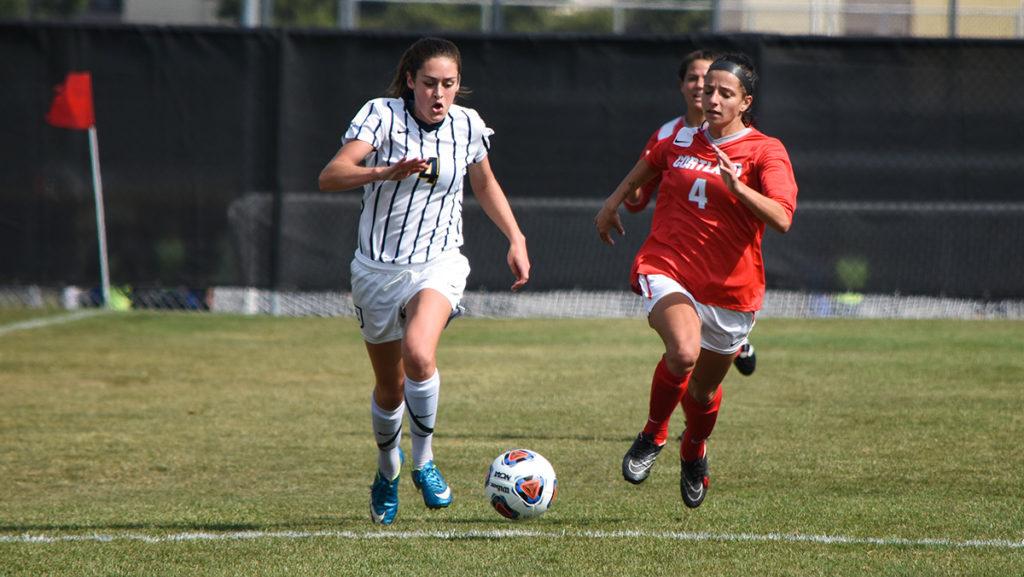 Senior forward Jocelyn Ravesi plays against SUNY Cortland Sept. 17 in the Upstate Collegiate Cup on Carp Wood Field. Cortland defeated the Bombers 2–0.