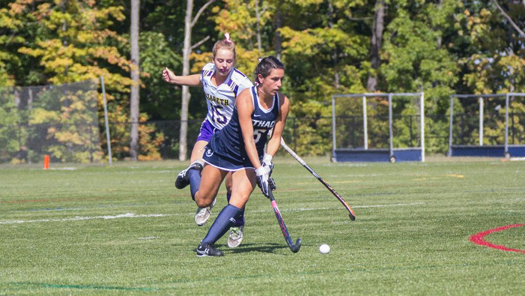 Junior Amanda Schell gets past a defender in the Bombers game against Nazareth College on Sept. 24 at Higgins Stadium. The Bombers defeated the Golden Flyers 7–0.