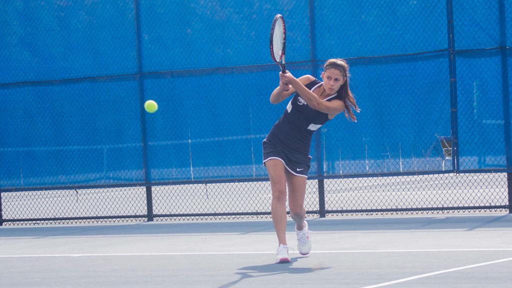 Freshman Brianna Ruback won 6–0 and 6–0 in her singles match against Alfreds Emma Siemer at Ben Wheeler Tennis Courts on Sept. 18.