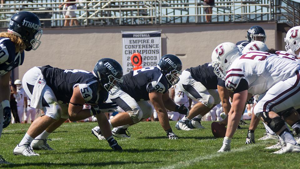 The Bombers defense sets up on the line against Union College in their home opener Sept. 3 at Jim Butterfield Stadium.