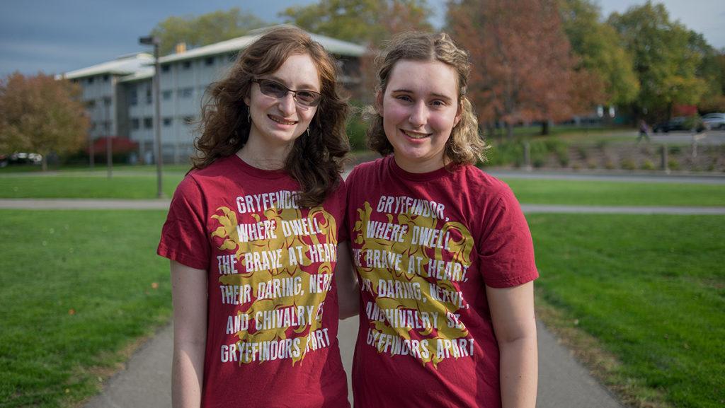 From left, sophomores Amy Jacobson and Christine McKinnie, the founders of Dumbledores Army, sport Harry Potter T-shirts. 
