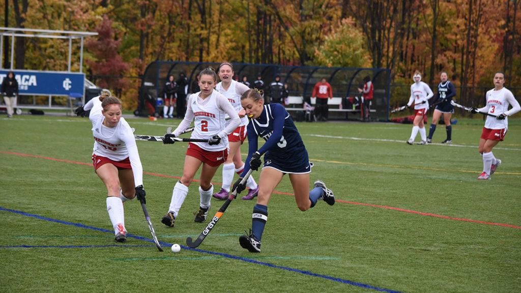 Senior midfield and forward Cassie Schuttrumpf plays Oct. 22 against Washington and Jefferson College. The Bombers won 3–1.