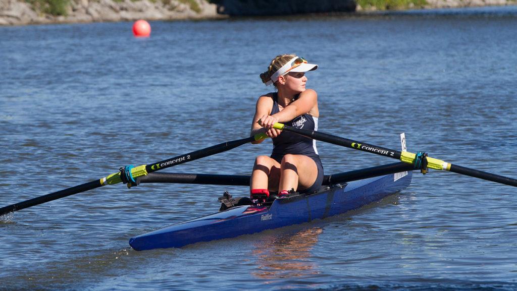 Freshman+Jennie+Brian+rows+in+the+Cayuga+Sculling+Sprints+on+Sept.+25+on+the+Cayuga+Inlet.+She+placed+first+in+the+open+single+sculling+event.
