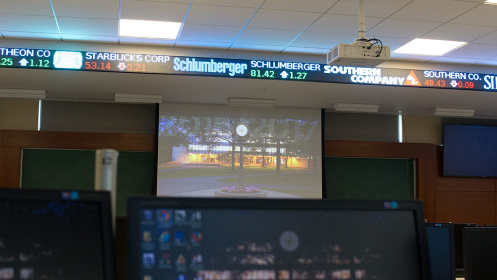 The School of Business renovated the Center for Trading and Analysis of Financial Instruments to give students a more real-world workplace setting. 