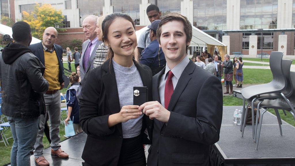 From left, Sethavatey Limsreng ’16 and senior Alex Horner won the first-place prize for Park Tank, an annual media business competition held through the Roy H. Park School of Communications. 