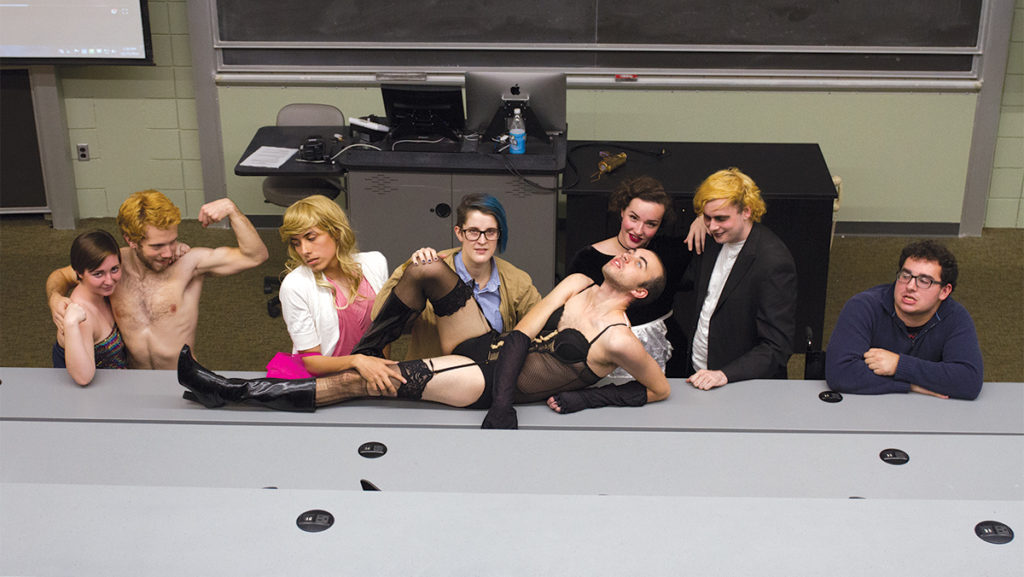 This year’s “Rocky” cast — members of the Macabre Theatre Ensemble — embrace their bodies, sexualities and each other at a dress rehearsal Oct. 25 in Williams 225. 
