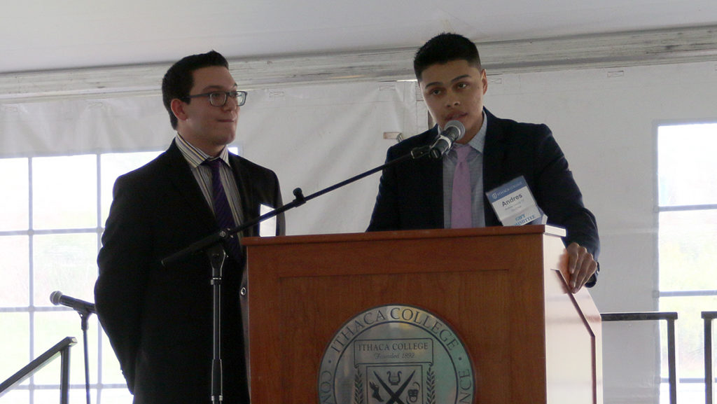 From left, Brandon Schneider and Andres Garcia, co-chairs of the senior class gift campaign, announced on Oct. 7 that the senior class plans to raise $12,290 to give to the IC Annual Fund as their class gift. 