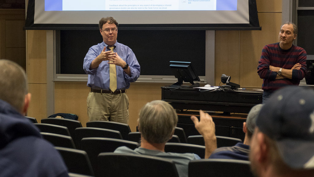 David Prunty, executive director of auxiliary services and Shared Governance task force member, talked about shared governance to community members at an event held last October. Prunty recently said the task force is unable to affect the power of the Board of Trustees and the Presidents Council due to a stipulation in the Ithaca College policy manual — something faculty have criticized in the most recent shared governance draft.