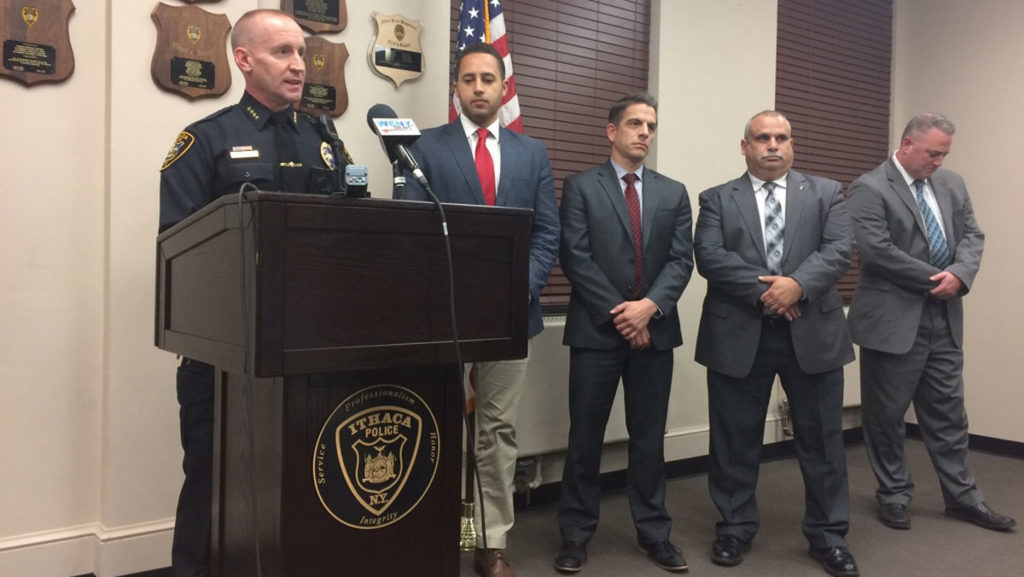 From left: John Barber, chief of police for the Ithaca Police Department; City of Ithaca Mayor Svante Myrick; Acting District Attorney Andrew Bonavia; Vincent Monticello, deputy chief of police for the IPD; and IPD Lt. Alex Gair address media at a news conference Nov. 7. Barber announced that the IPD has arrested Nagee Green, a 23-year-old man from Freeville, New York, and plans to charge him in the murder of Ithaca College sophomore Anthony Nazaire. 