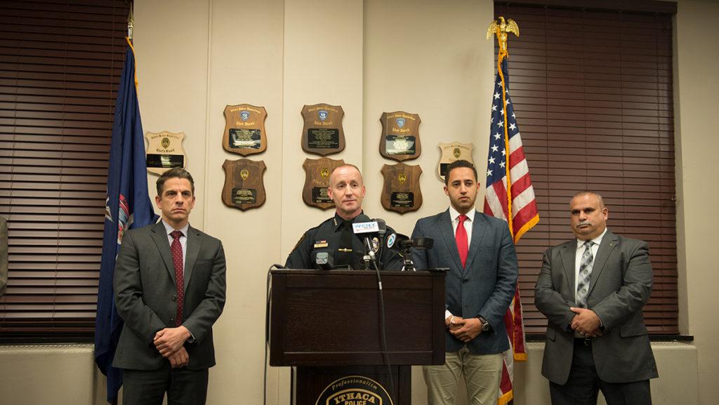 From left: Acting District Attorney Andrew Bonavia; John Barber, chief of police for the Ithaca Police Department; City of Ithaca Mayor Svante Myrick and Vincent Monticello, deputy chief of police for the IPD address media at a news conference Nov. 7.