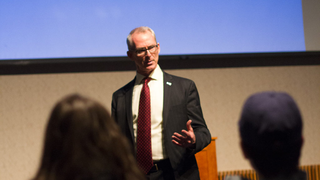 Former Republican Congressman Robert Inglis gave his speech on climate change to an audience in Emerson Suites. 