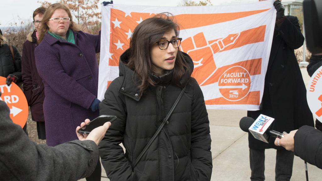 Sarah Grunberg, a contingent faculty member, is pictured above briefing media on the unions plans to initiate a strike vote early next semester if the administration does not respond to their demands. 