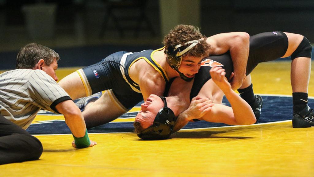 Sophomore Ferdinand Mase defeated Tigers’ junior Andrew Flanagan 19–5 by technical fall Dec. 7 in Ben Light Gymnasium.