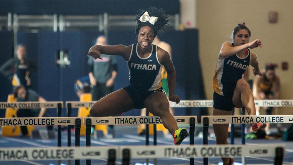 Junior Amber Edwards competes in the 60 meter hurdles Jan. 21 in Glazer Arena. She placed first with a time of 9.26 seconds.