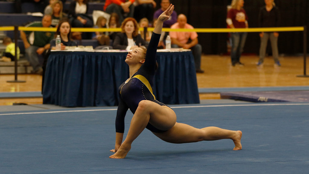 Sophomore Carolyn Nichols competes in the floor exercise at the Ithaca Tri-Meet in the Ben Light Gymnasium and earned a score of 9.575. The gymnastics team will compete next against SUNY Brockport at 1 p.m. on Feb. 4 in Brockport, New York.