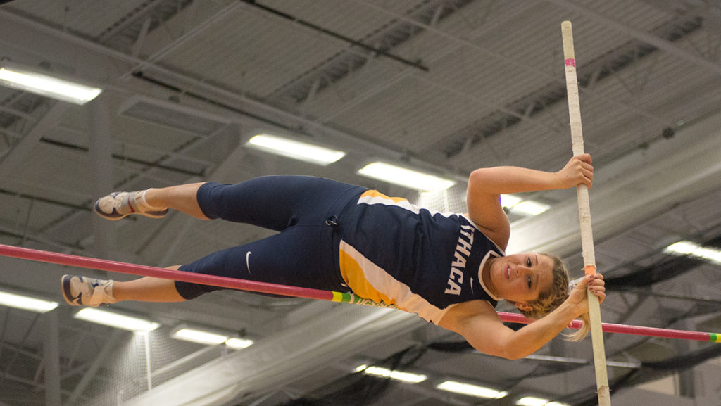 Senior Nicole Razzano competes in the pole vault Jan. 21 during the Ithaca Quad in Glazer Arena. Razzano, who was previously a gymnast, began pole vaulting as a junior.