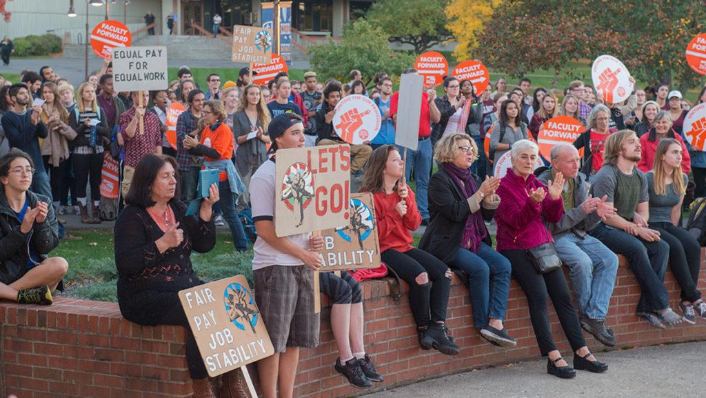 Pictured above is a previous rally held for the contingent faculty unions. Since it was held on Oct. 19, the part time–faculty union has made progress in negotiations with the administration but still remain stuck on compensation — the one issue that might send them to strike.