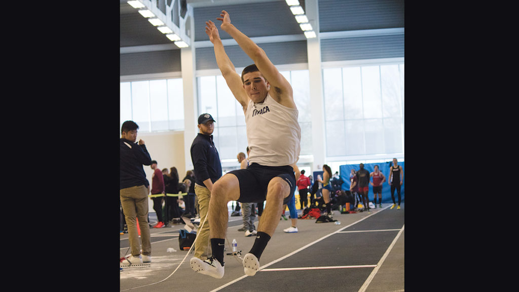Freshman Robert Greenwald competes in the long jump Feb. 4 in Glazer Arena. He placed 49th with a jump of 5.42 meters.