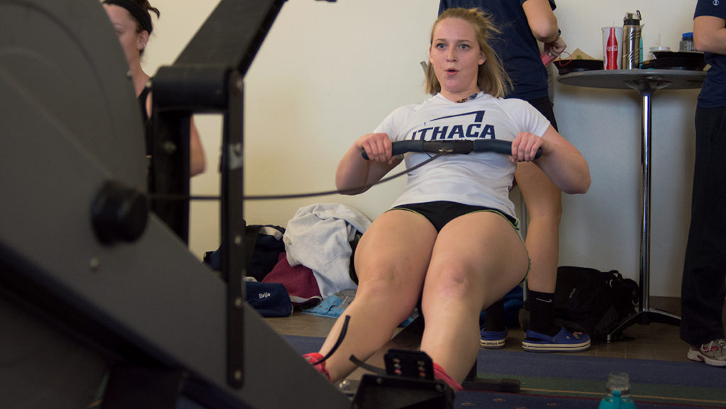 Graduate student Melinda Keene rows during row-for-humanity Feb. 3 in Emerson Suits. Rowers worked out for 30 minutes on stationary rowing machines.