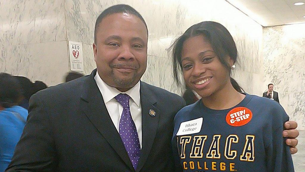 Sophomore Dominique De Lisle, an Ithaca College CSTEP student poses for a picture with Senator Jesse Hamilton at Advocacy Day on Feb. 14 — a day where HEOP and CSTEP students around New York state went to Albany to rally for more funding for state funded scholarships. 
