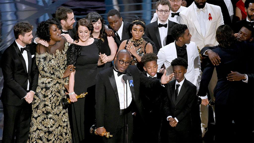 Moonlight cast and crew give acceptance speeches after winning Best Picture at the Oscars on Feb. 26.